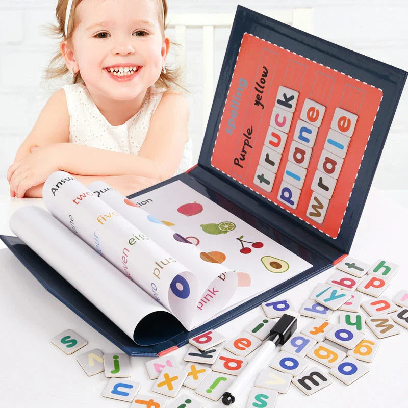 Magnetic spelling and letter workbook for primary school students with colorful puzzles, strong magnetic backing, and wooden construction