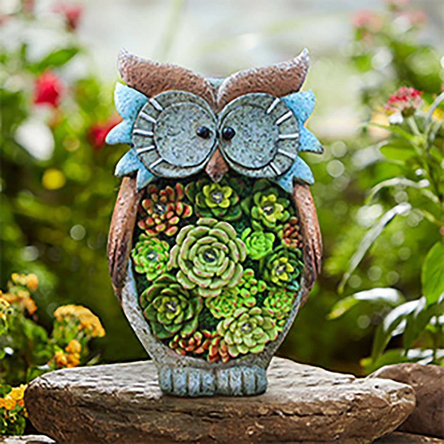 Decorative solar-powered owl-shaped outdoor light for backyard, patio, or garden use