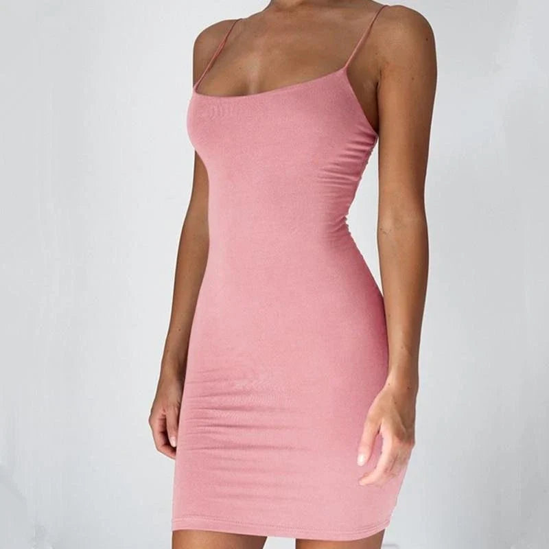 Stylish spaghetti strap mini dress in various colors, showcasing a flattering, form-fitting silhouette for fashionable women