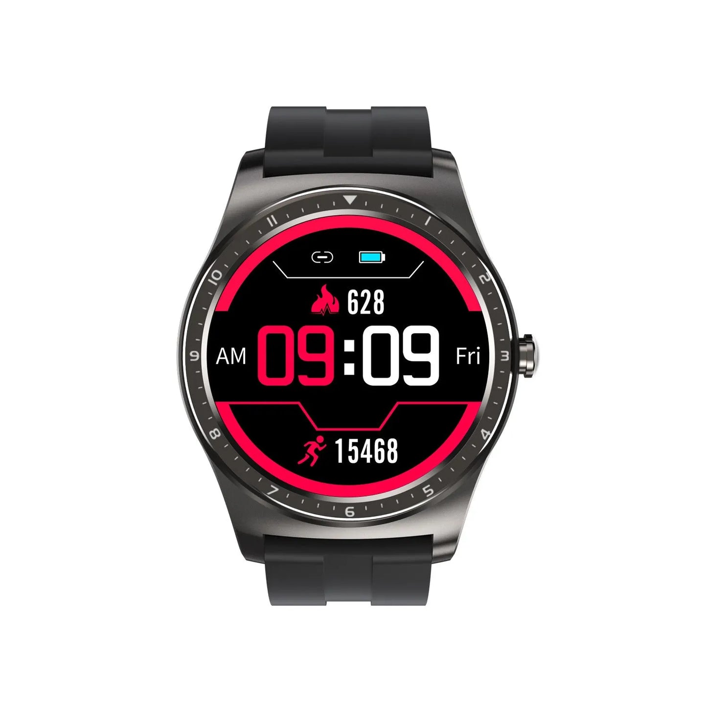 Black full touch smart watch with heart rate monitor on a silicone strap, showing the 1.69-inch display.