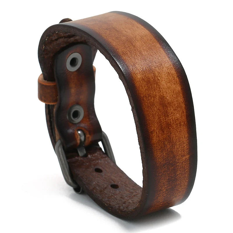 Punk style adjustable genuine leather bracelet for men with geometric buckle