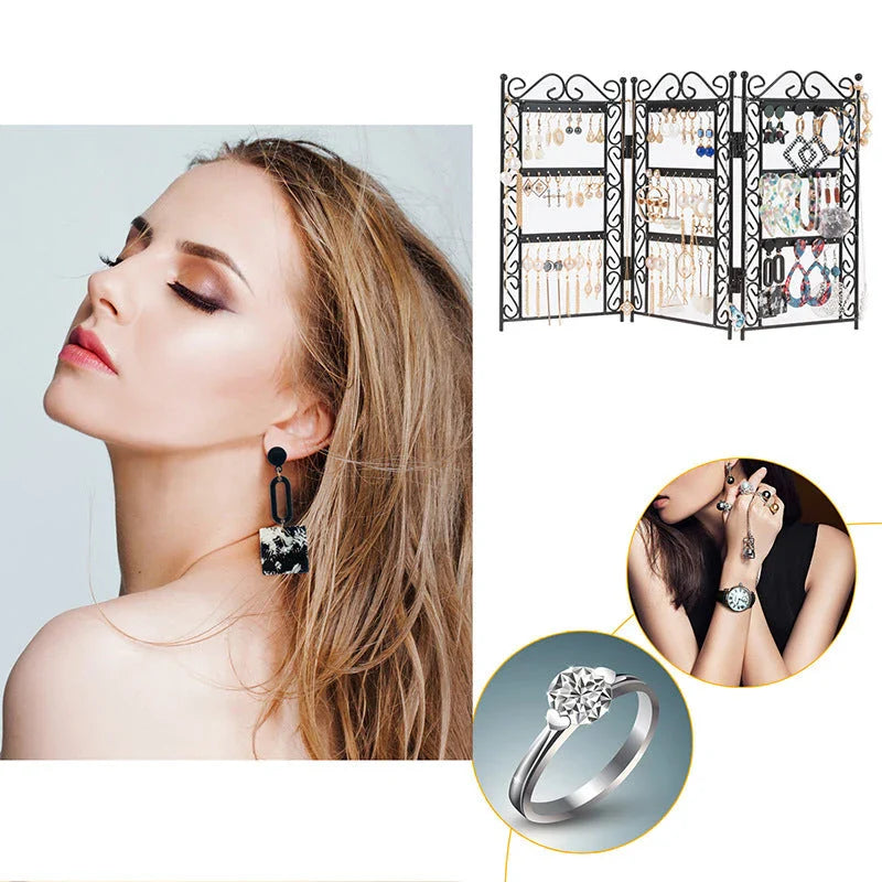 Premium metal jewelry display rack with European-inspired design, foldable for compact storage, and versatile earring and necklace organization.