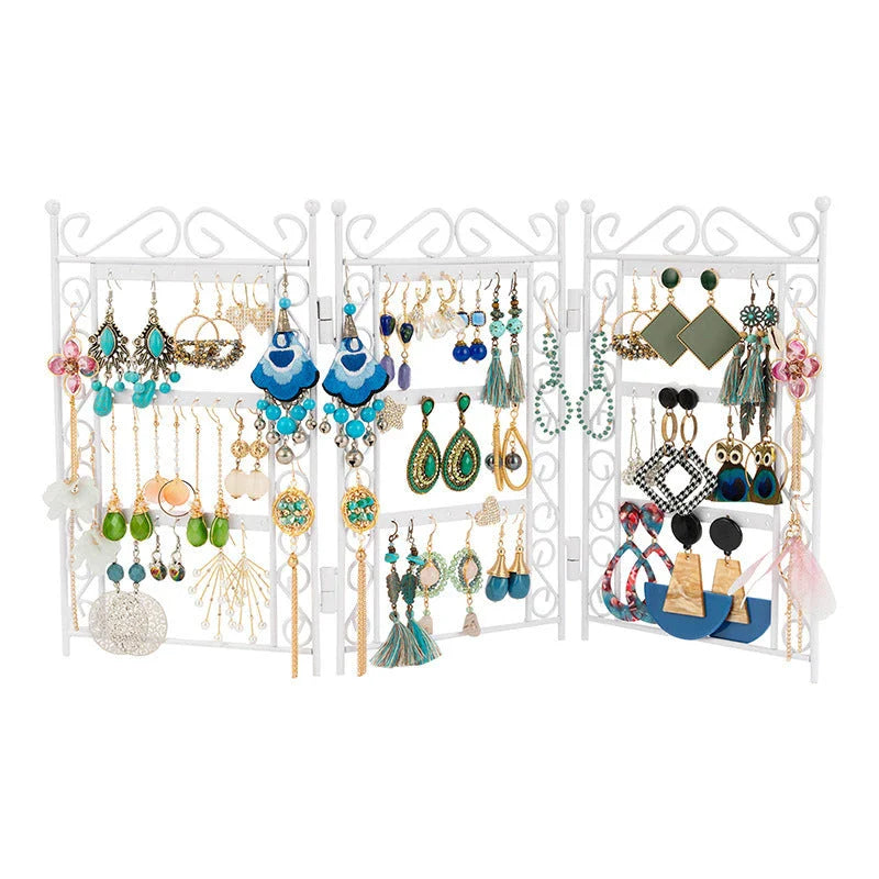 Premium metal jewelry display rack with European-inspired design, foldable for compact storage, and versatile earring and necklace organization.