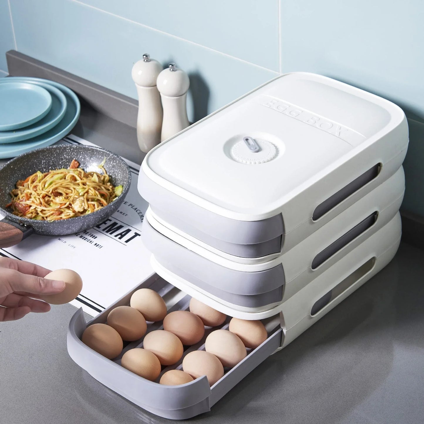 Drawer Type Refrigerator Egg Storage Box with Overlapping Compartments and Breathable Mesh Design