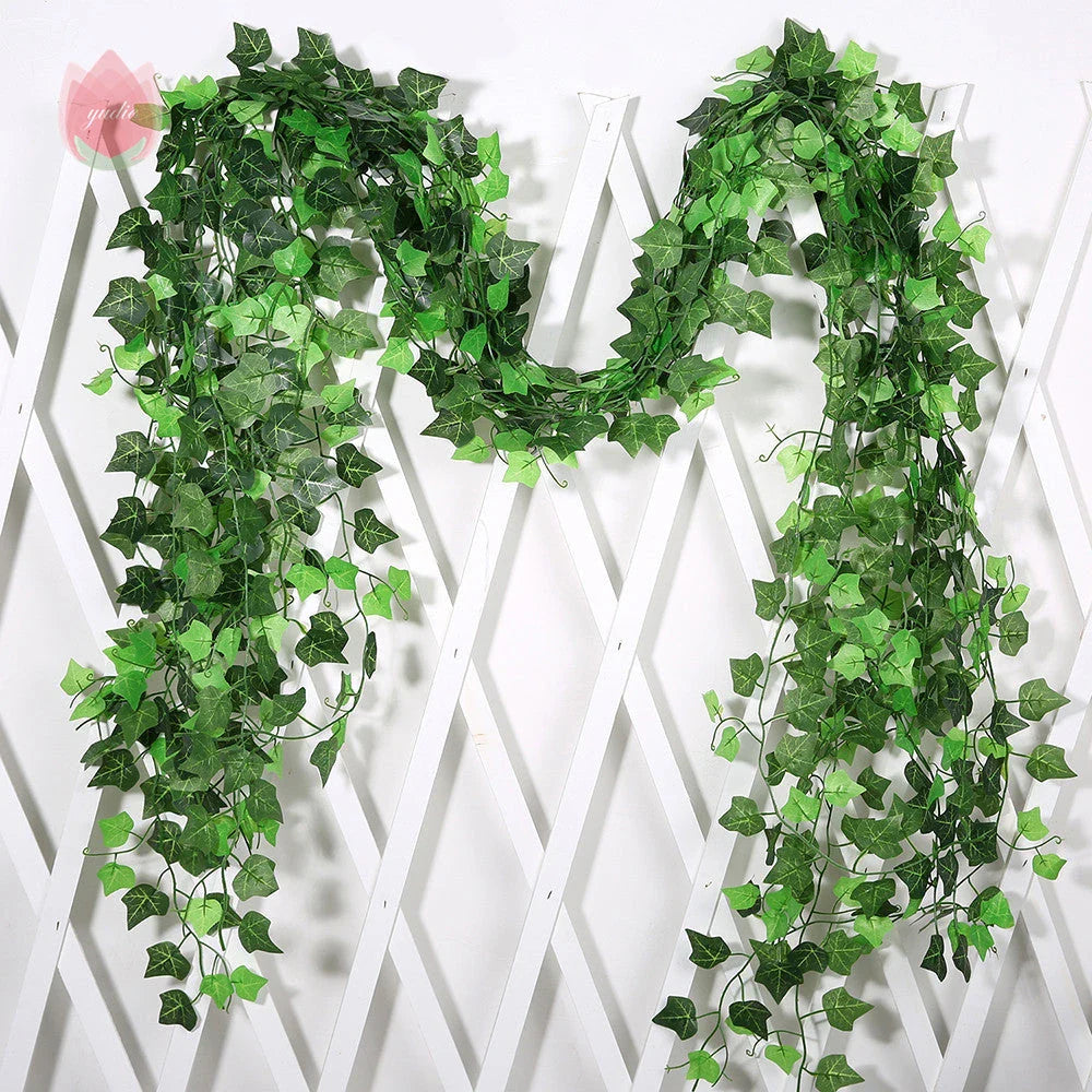 Premium silk hanging leaf garland with realistic green leaves and flexible rattan vine for customizable home, wedding, and garden decor