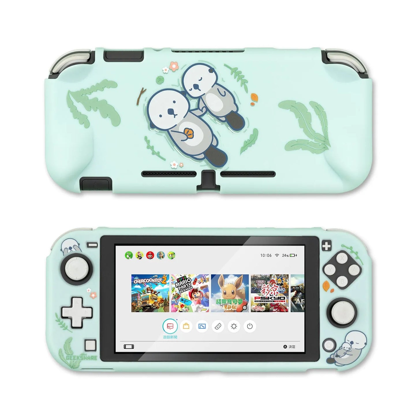 Sea Otter hard PC back cover and silicone grip case for Nintendo Switch Joy-Con controllers on a grey background.