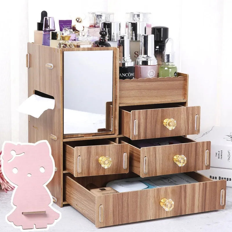 Wooden tabletop cosmetic storage box with internal compartments shown in a selection of colour options.