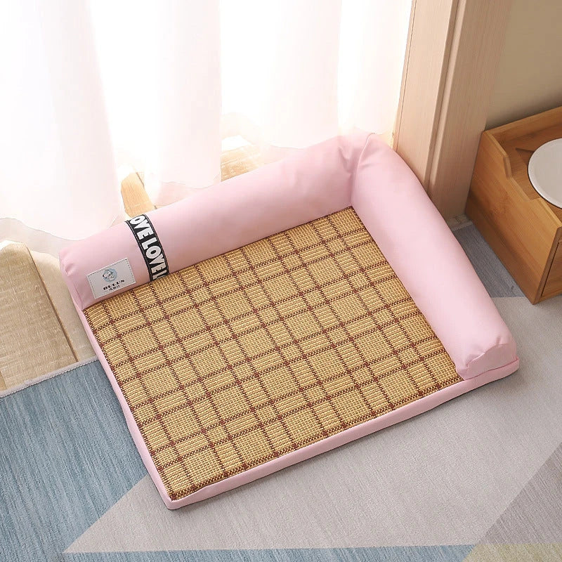 Cooling mats for pets made of breathable bamboo fiber and polypropylene cotton, available in various colors and sizes.