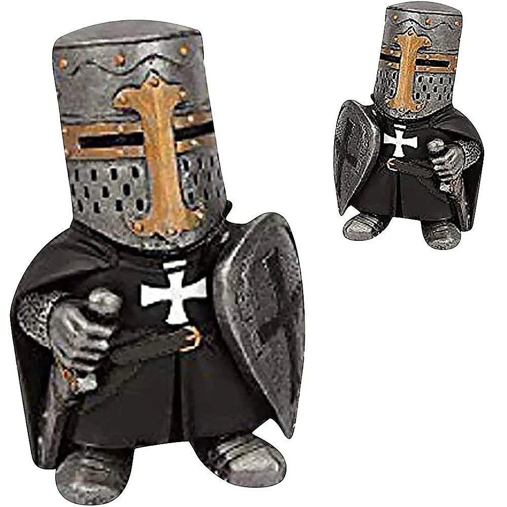 Decorative resin dwarf knight statues in various warrior poses, designed to protect and enchant garden and lawn spaces