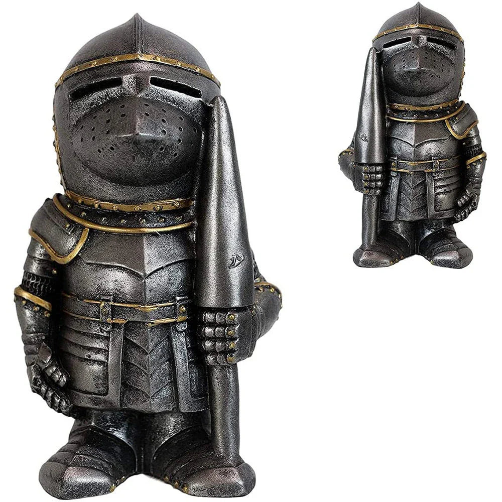Decorative resin dwarf knight statues in various warrior poses, designed to protect and enchant garden and lawn spaces