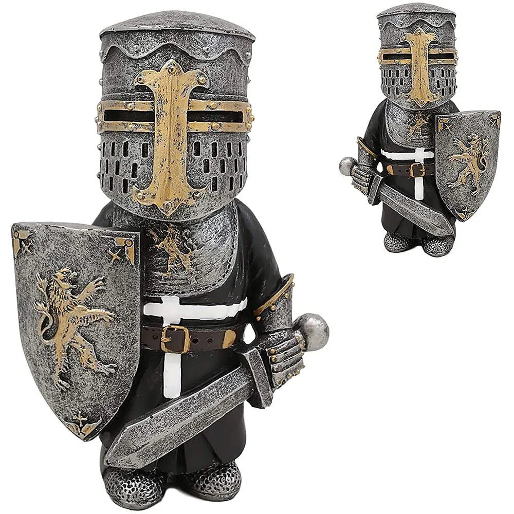 Decorative resin dwarf knight statues in various warrior poses, designed to protect and enchant garden and lawn spaces