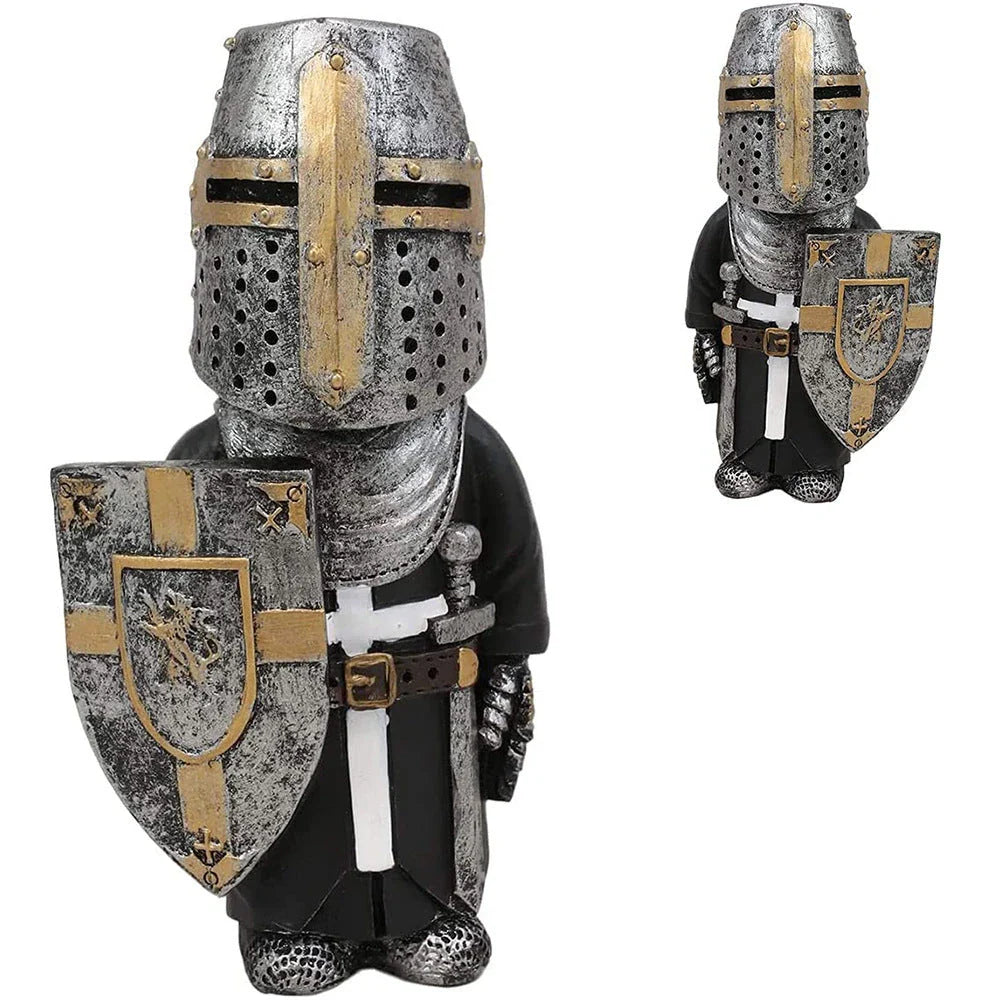 Decorative resin dwarf knight statues in various warrior poses, designed to protect and enchant garden and lawn spaces