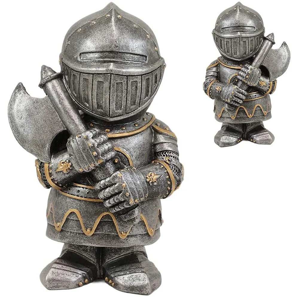 Decorative resin dwarf knight statues in various warrior poses, designed to protect and enchant garden and lawn spaces