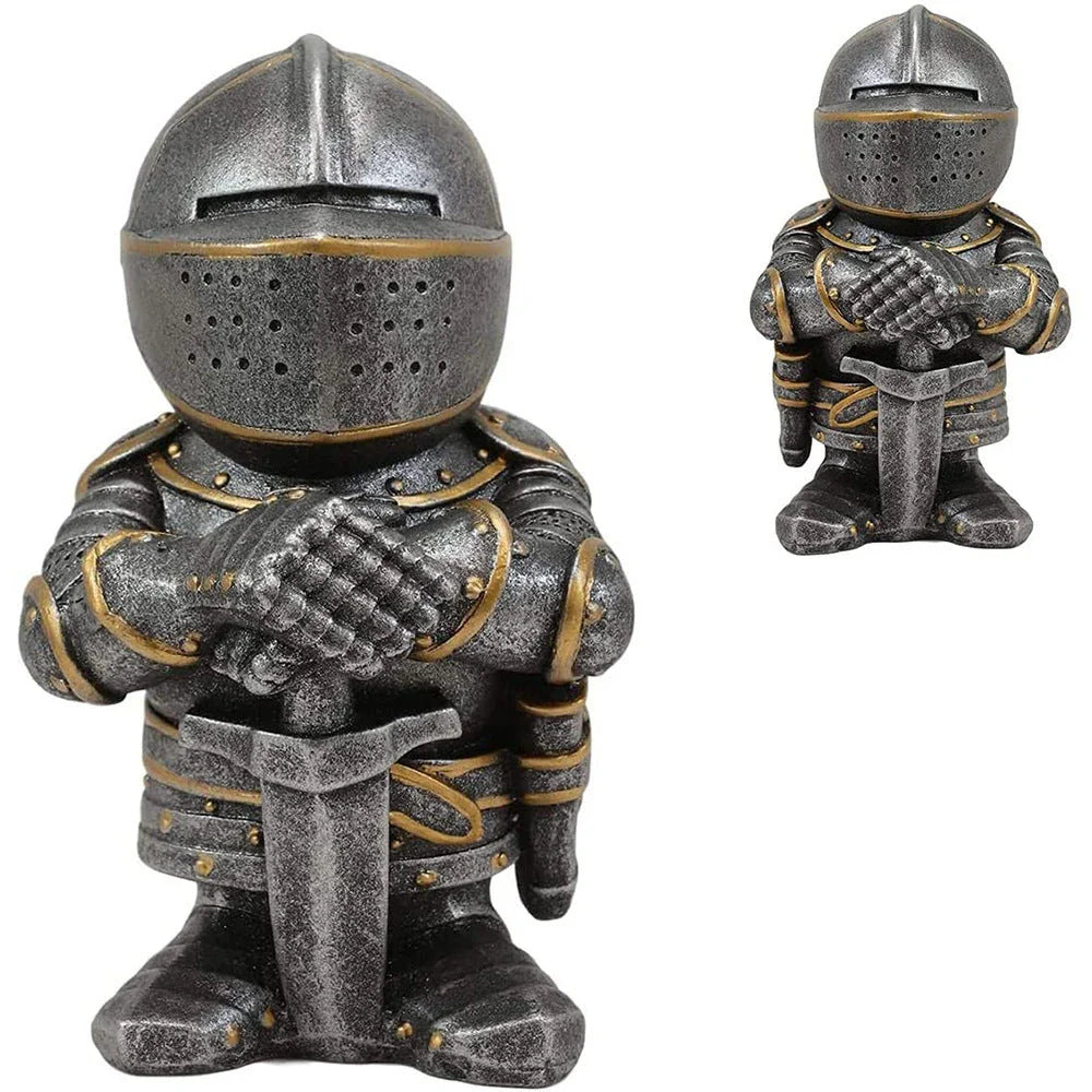 Decorative resin dwarf knight statues in various warrior poses, designed to protect and enchant garden and lawn spaces