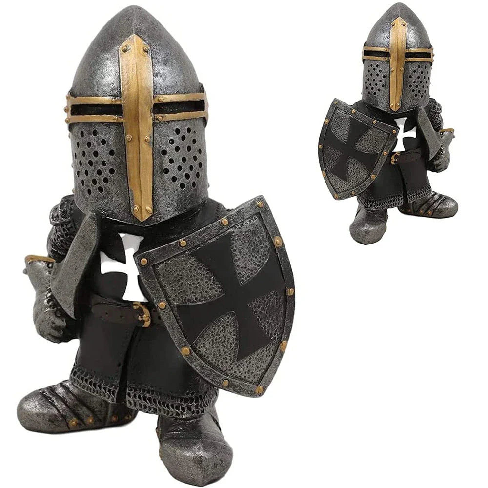 Decorative resin dwarf knight statues in various warrior poses, designed to protect and enchant garden and lawn spaces