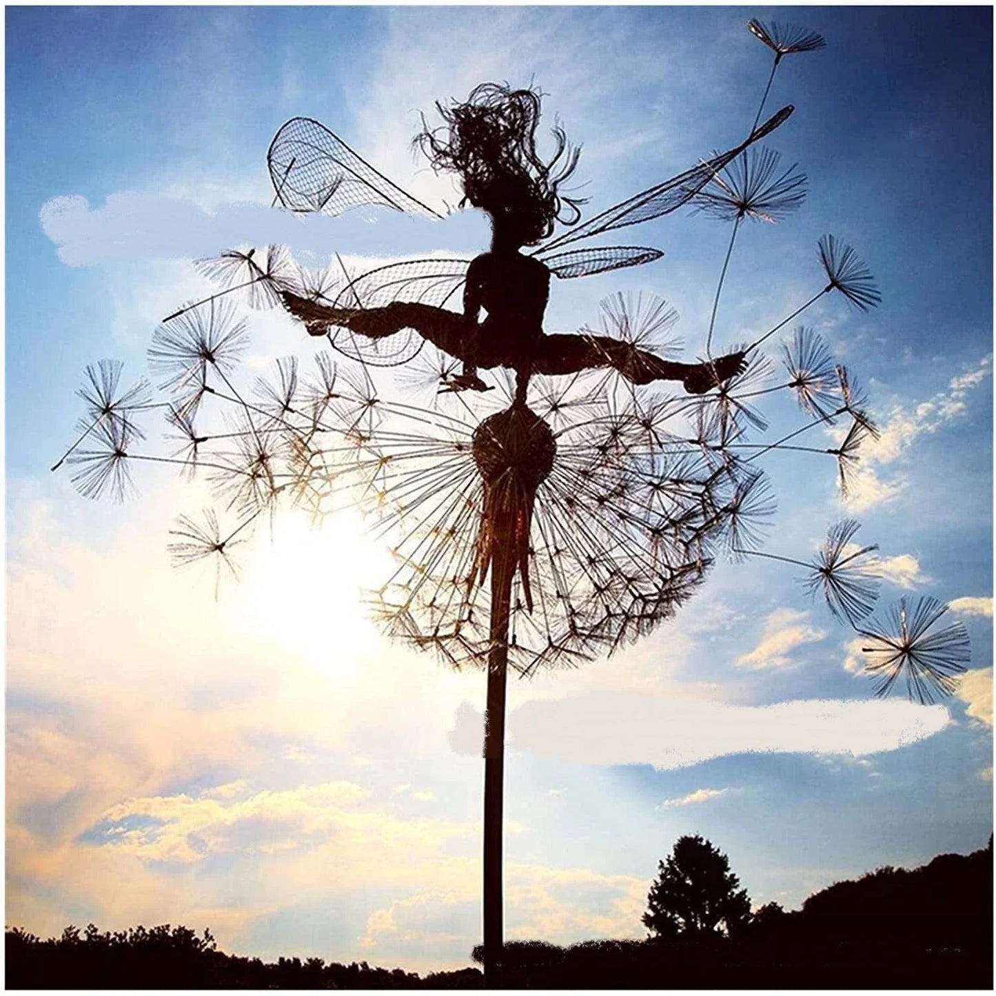 Enchanting fairy garden sculptures made of metal, featuring playful designs of fairies and pixies among dandelions and flowers.