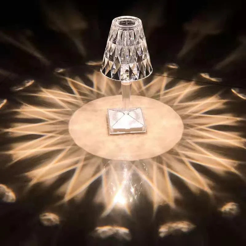 Elegant acrylic crystal table lamp with touch-sensitive dimming and rechargeable battery for home, bedroom and cafe use