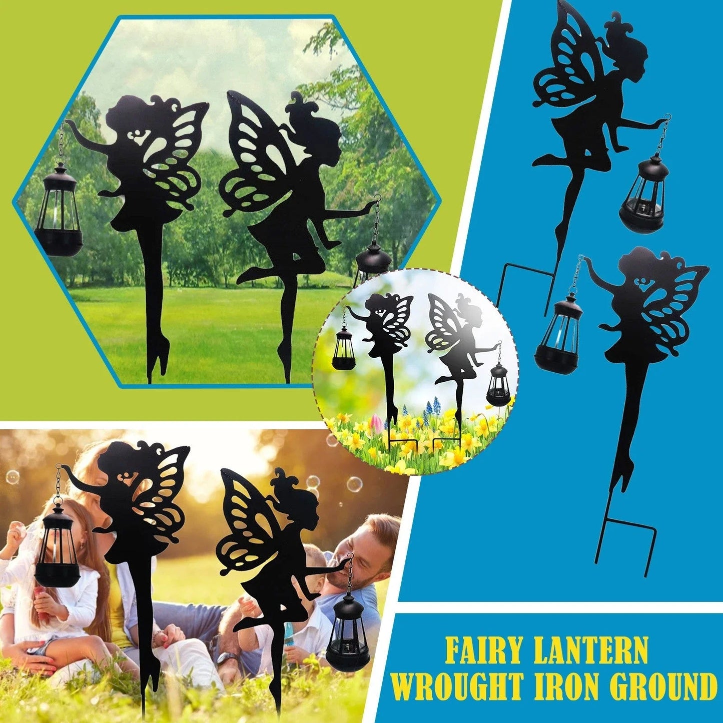 Solar-powered outdoor garden light with wrought-iron fairy lantern design, perfect for illuminating pathways, patios, and landscapes.