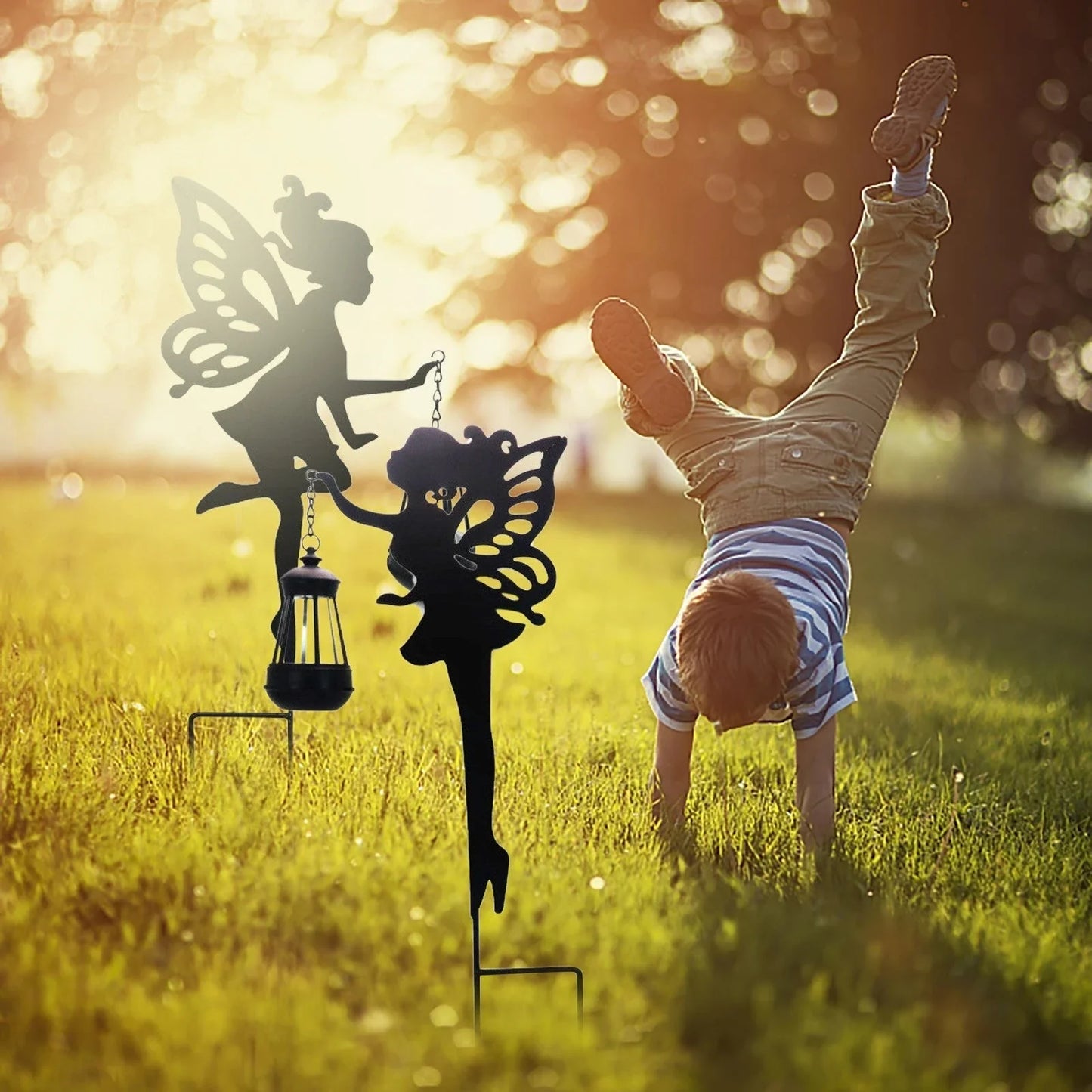 Solar-powered outdoor garden light with wrought-iron fairy lantern design, perfect for illuminating pathways, patios, and landscapes.