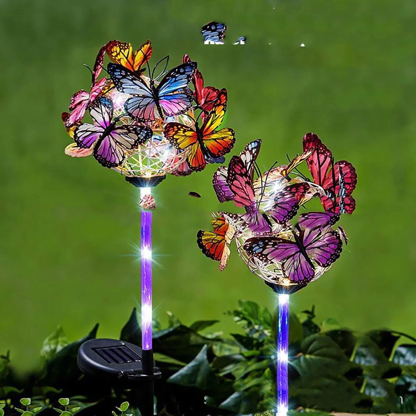 Elegant solar-powered butterfly garden lights with sleek black and transparent design, creating a captivating display in an outdoor setting