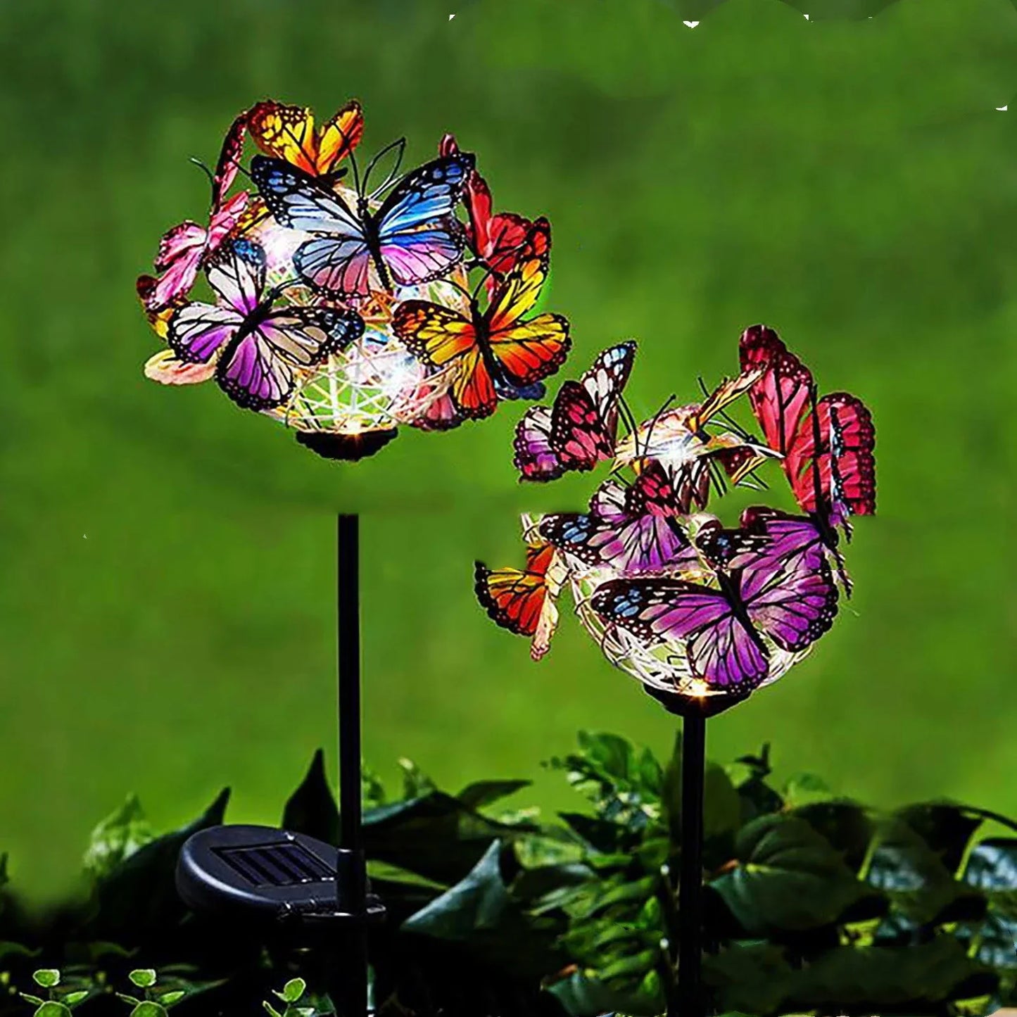 Elegant solar-powered butterfly garden lights with sleek black and transparent design, creating a captivating display in an outdoor setting