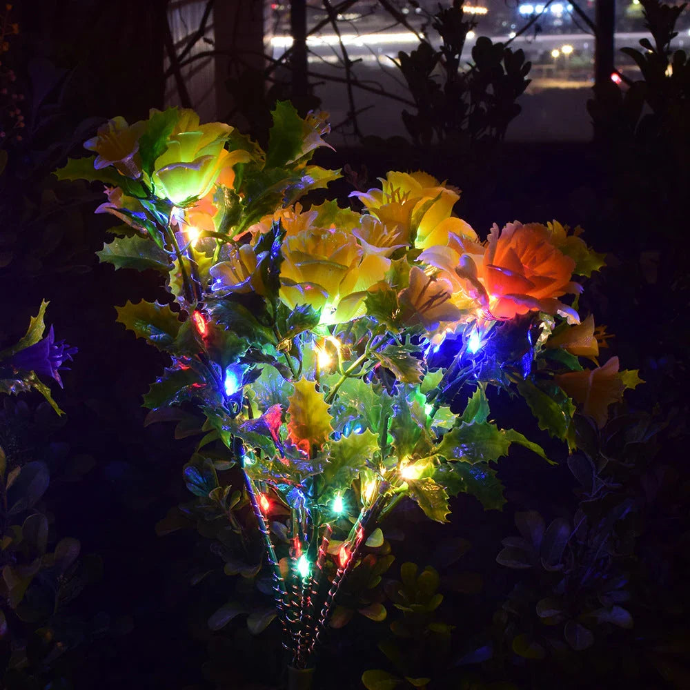 Solar-powered LED garden lights with a decorative flower design for outdoor landscape lighting