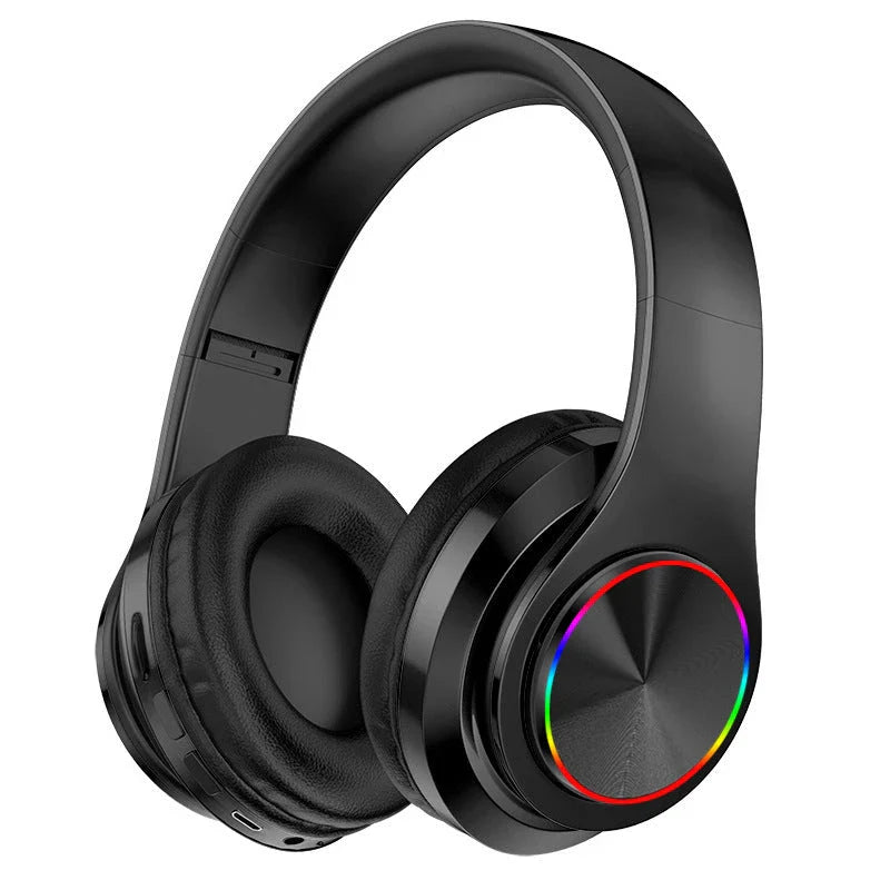 Wireless Bluetooth gaming headphones with colorful LED lighting, offering up to 10 hours of playtime and premium stereo sound quality.