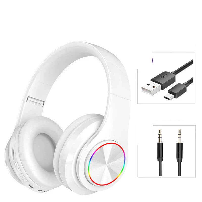 Wireless Bluetooth gaming headphones with colorful LED lighting, offering up to 10 hours of playtime and premium stereo sound quality.