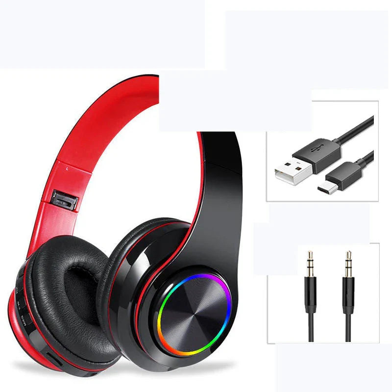 Wireless Bluetooth gaming headphones with colorful LED lighting, offering up to 10 hours of playtime and premium stereo sound quality.