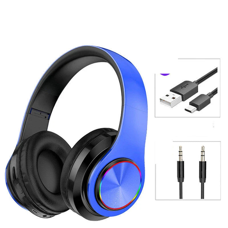 Wireless Bluetooth gaming headphones with colorful LED lighting, offering up to 10 hours of playtime and premium stereo sound quality.