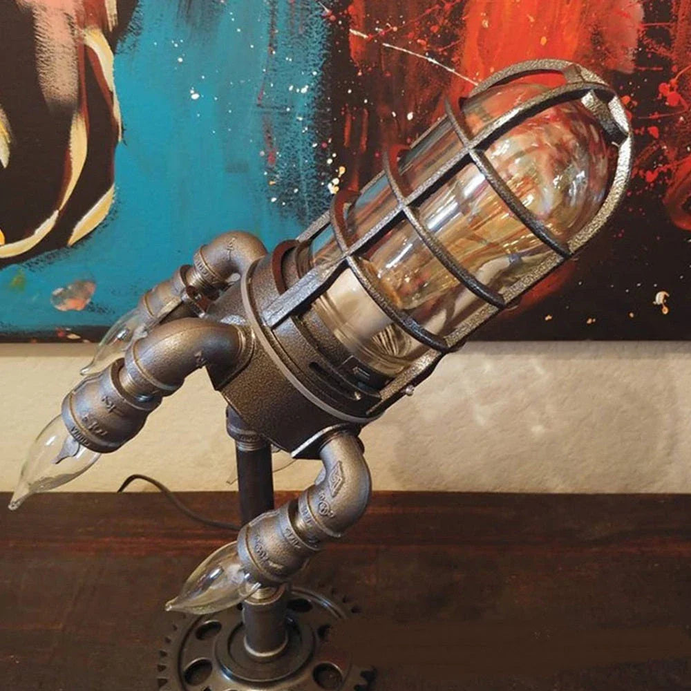 A sleek, steampunk-inspired rocket-shaped lamp with a warm, atmospheric glow, perfect for adding vintage charm to any home decor