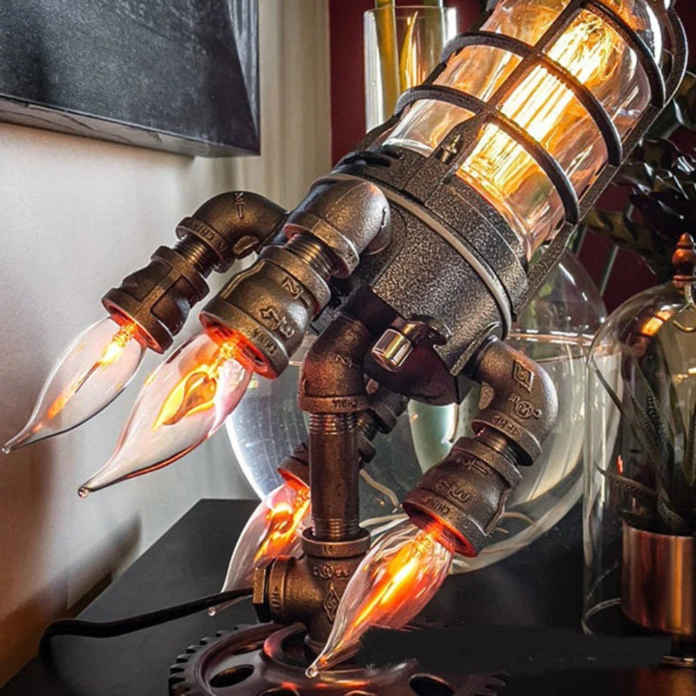 A sleek, steampunk-inspired rocket-shaped lamp with a warm, atmospheric glow, perfect for adding vintage charm to any home decor
