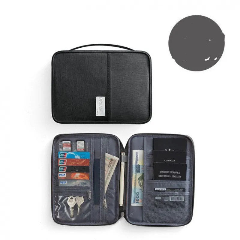 Navy blue waterproof passport holder with zip open, showing card slots and clear ID window.