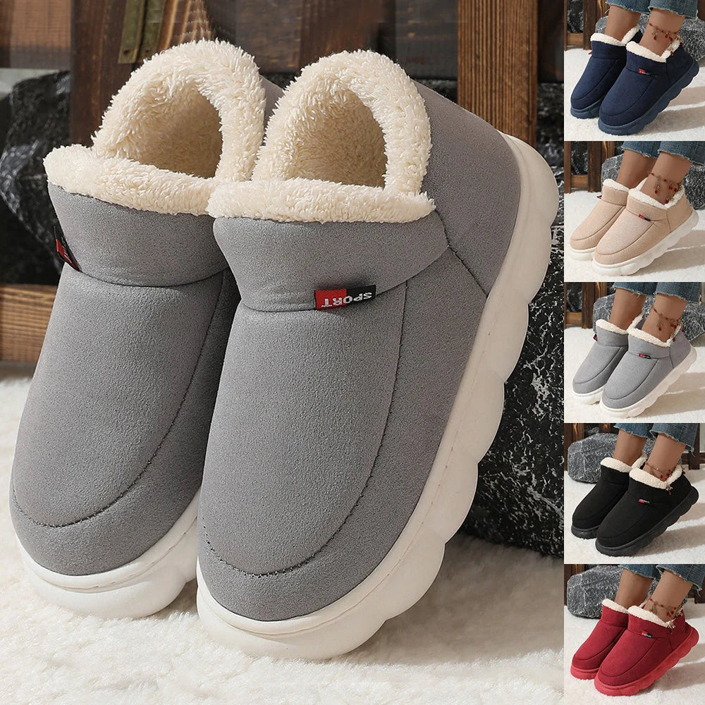 Cosy velvet house slippers for men and women, featuring plush velvet upper, suede lining, and durable rubber soles