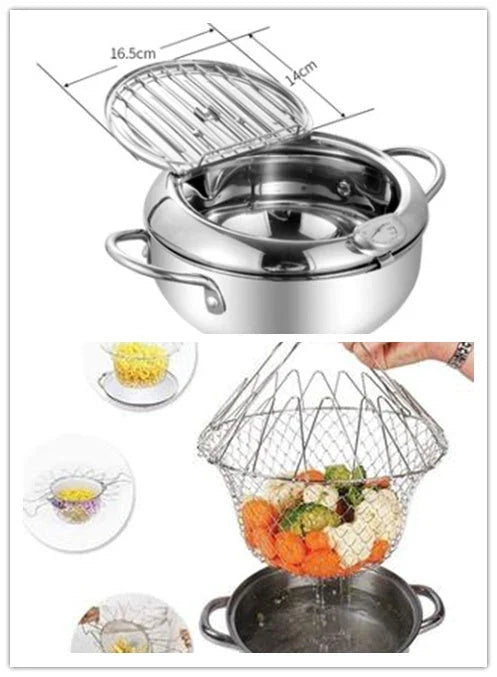 Stainless Steel Telescopic Frying Basket with Removable Thermometer for Precise Temperature Control and Easy Frying