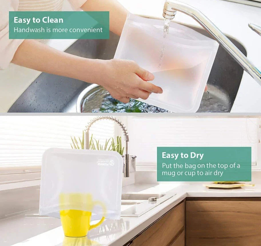Premium PEVA fresh food storage bags in various sizes, designed with FDA-approved silica gel lining for optimal food freshness and safety.
