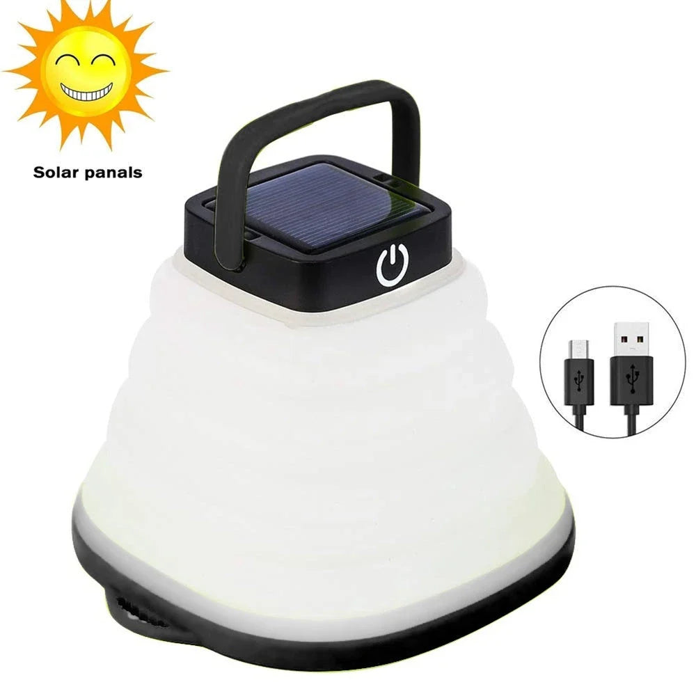 Compact and collapsible solar-powered camping lantern with adjustable brightness and IP68 waterproof rating