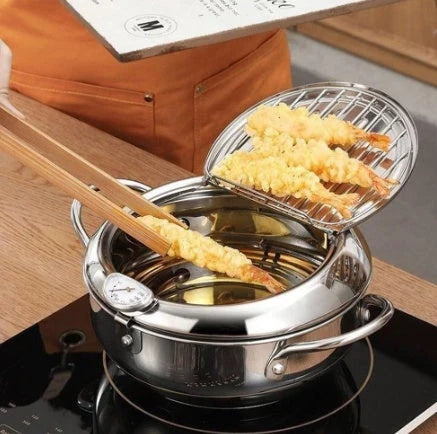 Stainless Steel Telescopic Frying Basket with Removable Thermometer for Precise Temperature Control and Easy Frying