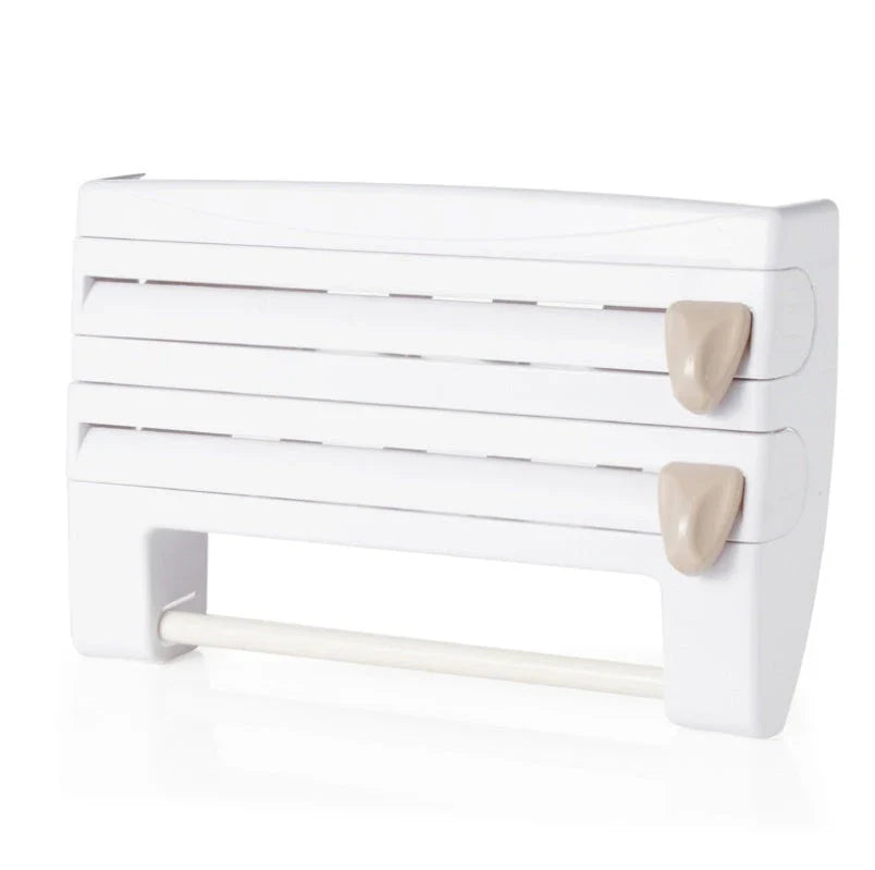 Multifunctional kitchen wall organizer with cling wrap, foil, and paper towel storage compartments and built-in cutting tools