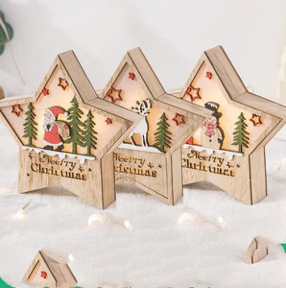 Wooden Christmas ornaments with luminous five-pointed star designs in various festive motifs, including snowmen and deer