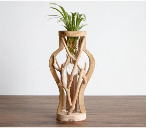 Handcrafted wooden vase with glass container for hydroponic floral displays and home decor