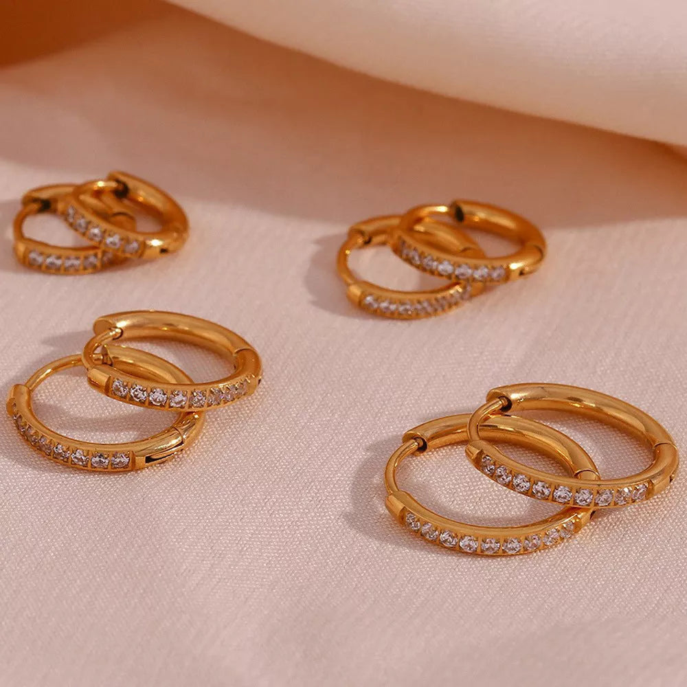 Women's titanium steel zircon earrings with electroplating, available in gold and steel finishes