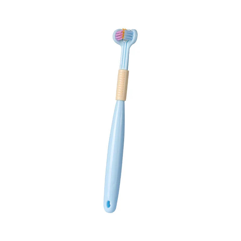 A soft bristle toothbrush with a unique triple-sided brush head for deep cleaning and customizable bristle firmness.
