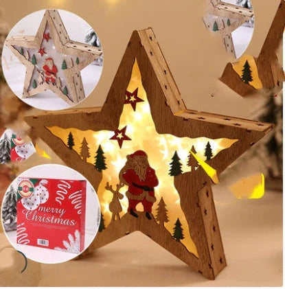Wooden Christmas ornaments with luminous five-pointed star designs in various festive motifs, including snowmen and deer