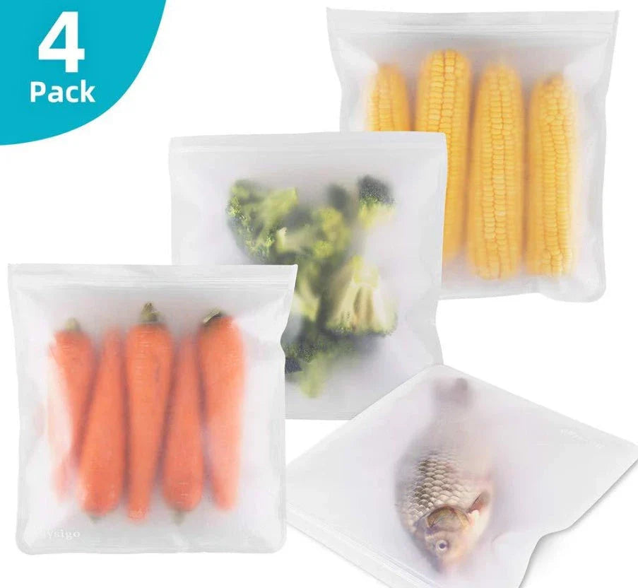 Premium PEVA fresh food storage bags in various sizes, designed with FDA-approved silica gel lining for optimal food freshness and safety.