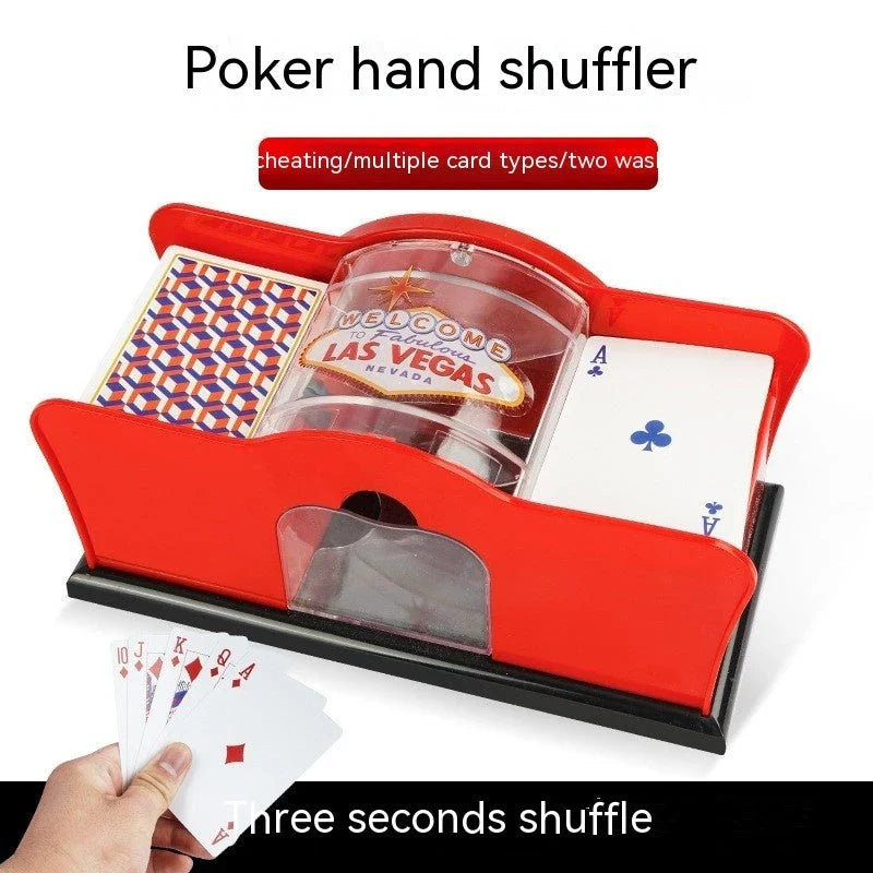 A manual card shuffler made of durable ABS material with a smooth hand crank for easy shuffling of playing cards for poker, blackjack, and other card games.