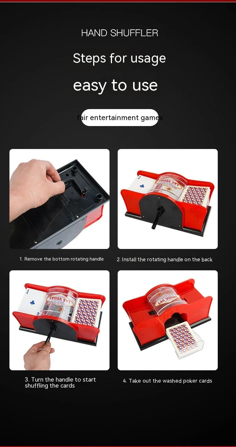A manual card shuffler made of durable ABS material with a smooth hand crank for easy shuffling of playing cards for poker, blackjack, and other card games.