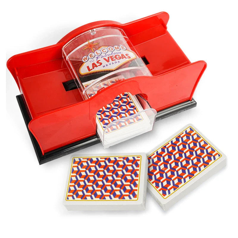 A manual card shuffler made of durable ABS material with a smooth hand crank for easy shuffling of playing cards for poker, blackjack, and other card games.