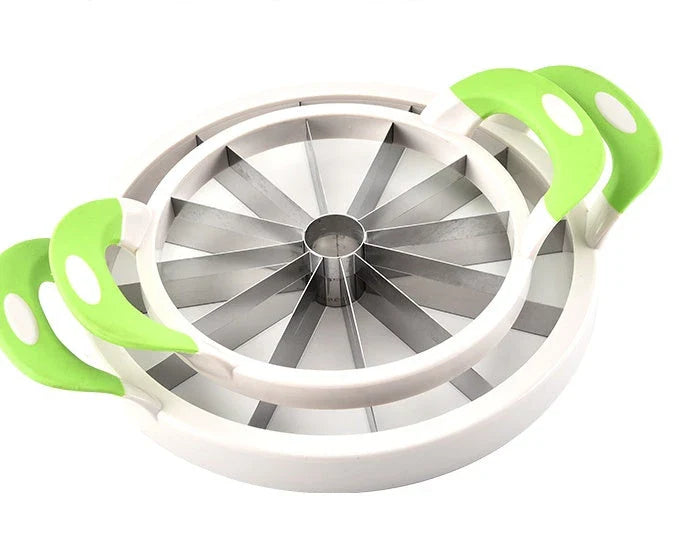 Premium stainless steel watermelon slicer with non-slip handles for quick, safe, and effortless watermelon cutting