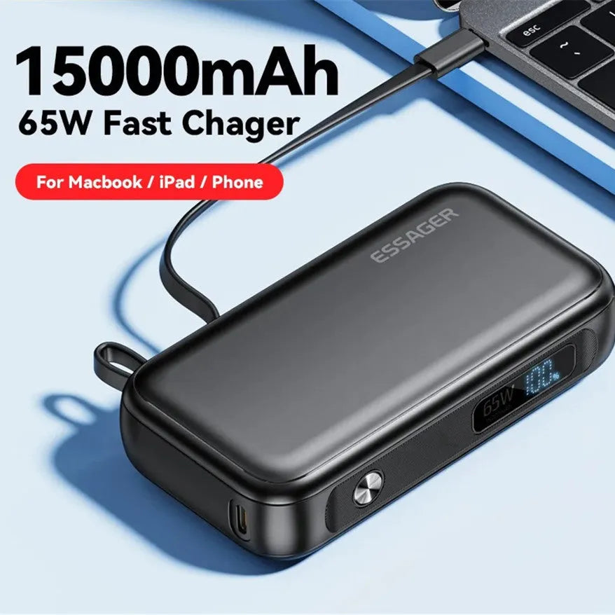 Black 15000mAh power bank with digital display, 65W Type-C output, 60W input, and USB-A port